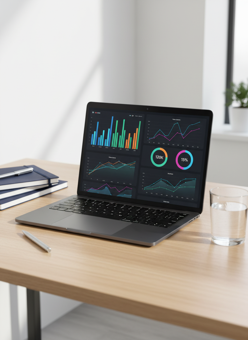 A sleek, dark charcoal laptop displaying a vibrant dashboard of multicolored bar charts, line graphs, and key performance indicators on a crisp white background, perfectly centered on a spotless light oak desk. Surrounding the laptop are neatly stacked navy-blue notebooks, a silver pen, and a minimalist glass of water, all arranged with deliberate order. Soft, diffused daylight from an unseen window washes across the scene, creating subtle reflections on the laptop’s metallic edges and gentle shadows under each object. Photographic realism with a clean, modern aesthetic, shot from a slightly elevated angle with a shallow depth of field so the interface is in razor-sharp focus while the background softly blurs, conveying clarity, professionalism, and data-driven confidence for small business analytics.