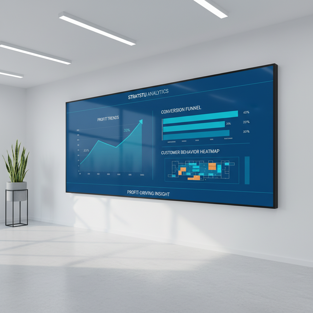 A large, wall-mounted, ultra-wide digital screen in a modern office environment displaying a comprehensive analytics overview for a small retail business, with clear profit trends, conversion funnels, and heatmaps in bold yet sophisticated blues and teals. The screen is framed by matte white walls and a smooth, pale concrete floor, with a single minimalist plant stand in the distant background for a touch of organic texture. Cool, evenly distributed overhead LED lighting creates precise reflections and crisp lines without harsh glare. Photographic realism at eye level, with a wide-angle composition emphasizing the breadth of information. The atmosphere feels strategic and focused, blending corporate polish with accessible simplicity, symbolizing how StratStu transforms raw data into profit-driving insight.