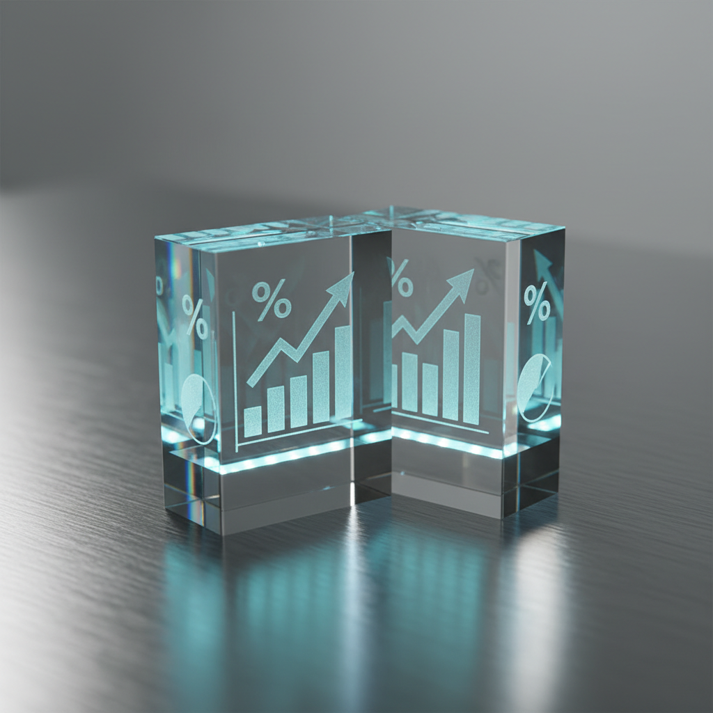 A close-up, photographic-realistic shot of a pair of intersecting translucent acrylic blocks engraved with intricate data visualizations: etched bar charts, ascending arrows, and percentage symbols, all illuminated from below by a subtle teal and blue LED base. The blocks rest on a brushed steel surface with fine linear texture, set against a softly blurred background of neutral gray gradients. Gentle side lighting creates exquisite, sharp-edged reflections and prismatic highlights through the acrylic, casting faint geometric shadows on the table. Captured from a low, slightly angled perspective with a shallow depth of field, the composition feels precise and high-tech yet clean, embodying the transformation of complex data into clear, profitable strategy for small businesses.